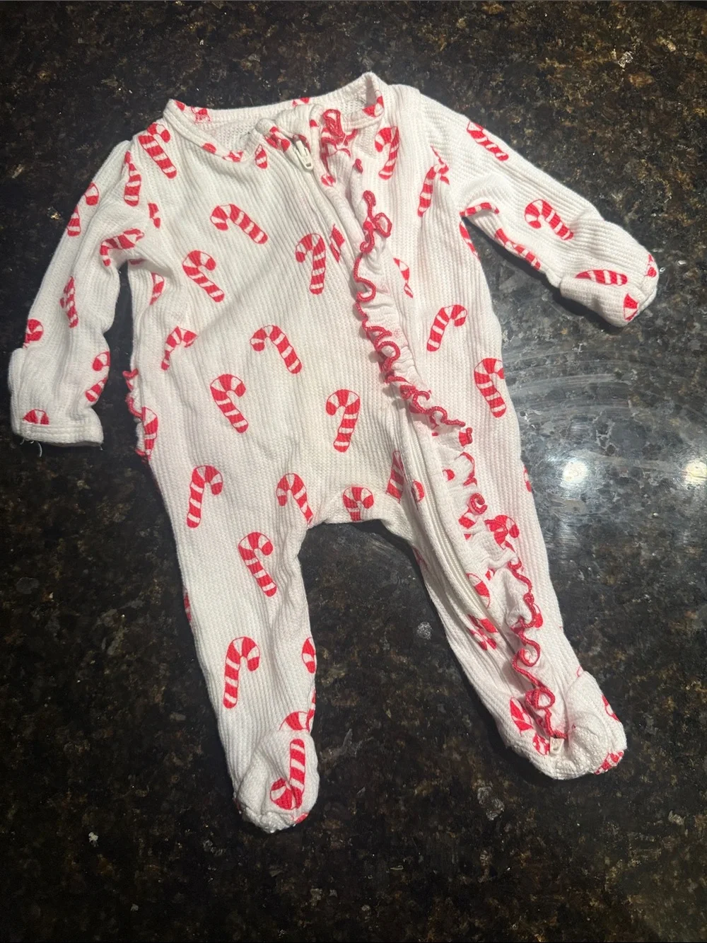 Candy Cane Print One-Piece Footed Pajamas - White & Red NEWBORN Ruffle Bottoms